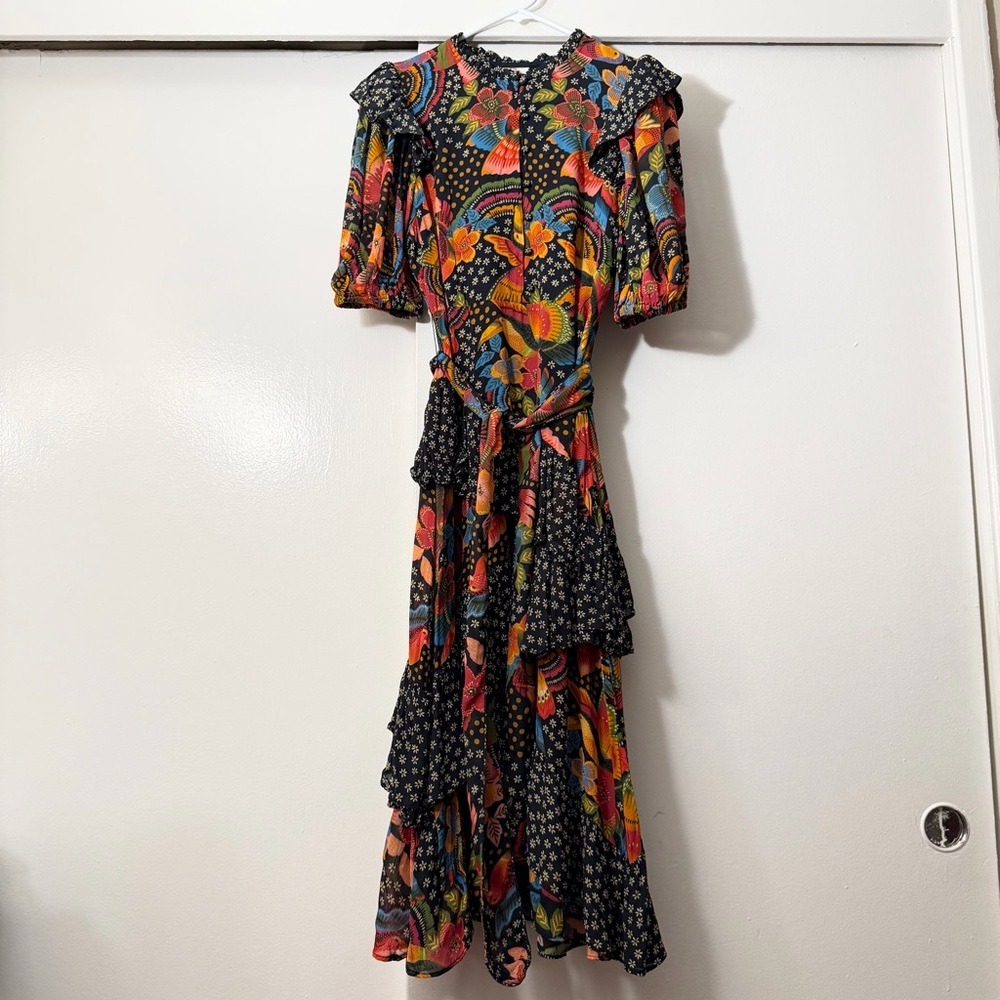 Farm Rio Tiered Midi Dress In Toucanfly Black